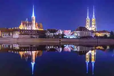 Blue hour at the Cathedral Island in the Oder in Wroclaw