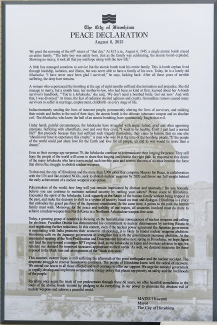 Peace Declaration der Stadt Hiroshima vom 6. August 2013