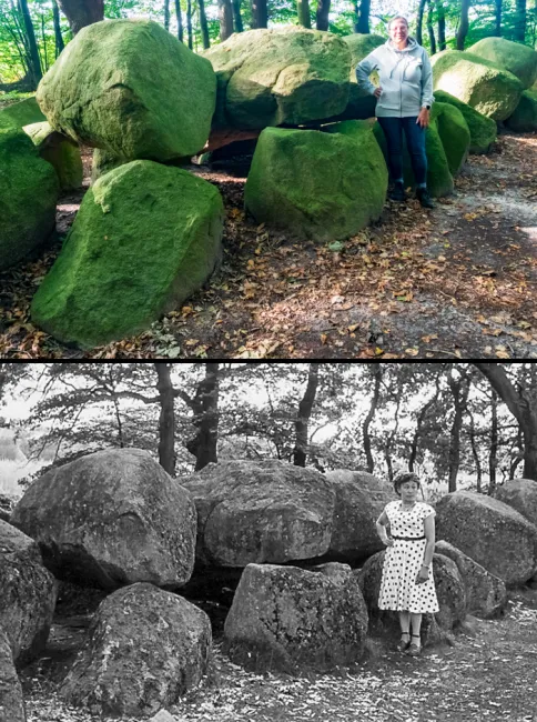 Karin (2021) and her mother Lisa (1956) in front of the Volbers Hünensteine