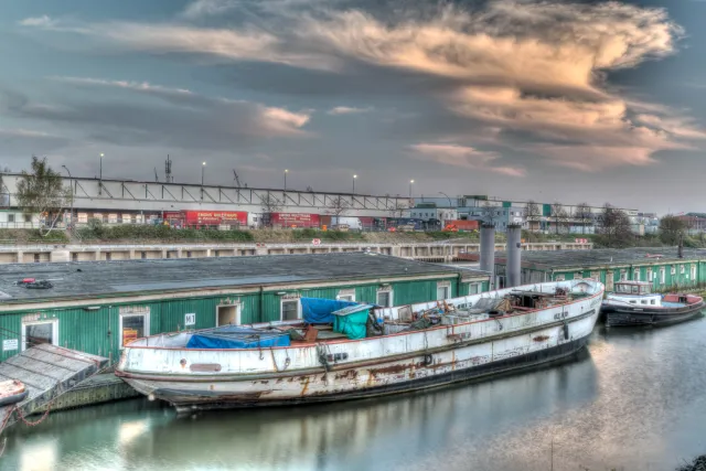 Older ship in a side arm of the Elbe as HDR