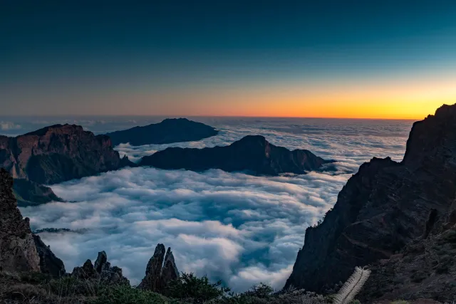 Sunset in the sea of clouds in the Caldera Taburiente of La Palma