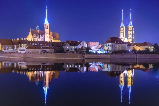Blue hour over the cathedral island on the Oder in Wroclaw