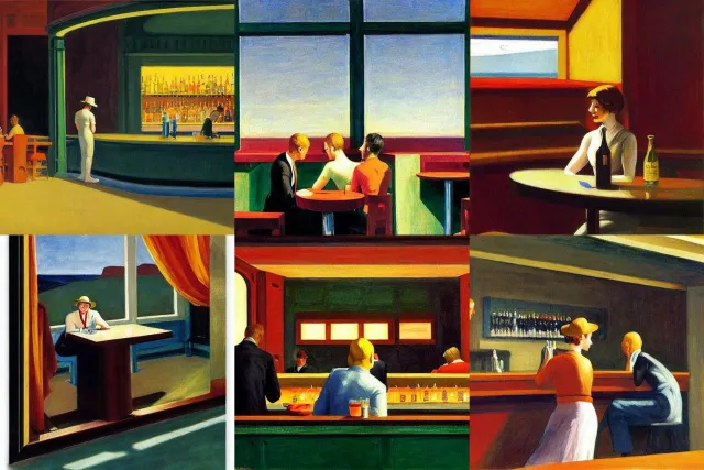 Pictures in the style of Edward Hopper, produced by AI "Stable Diffusion"