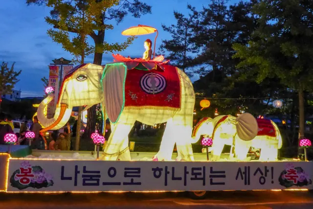 Elephant figures in the parades celebrating Buddha's birthday
