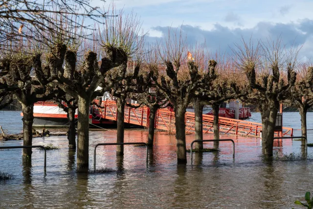 Inaccessible boat outriggers on the flooded Rhine promenade in Königswinter